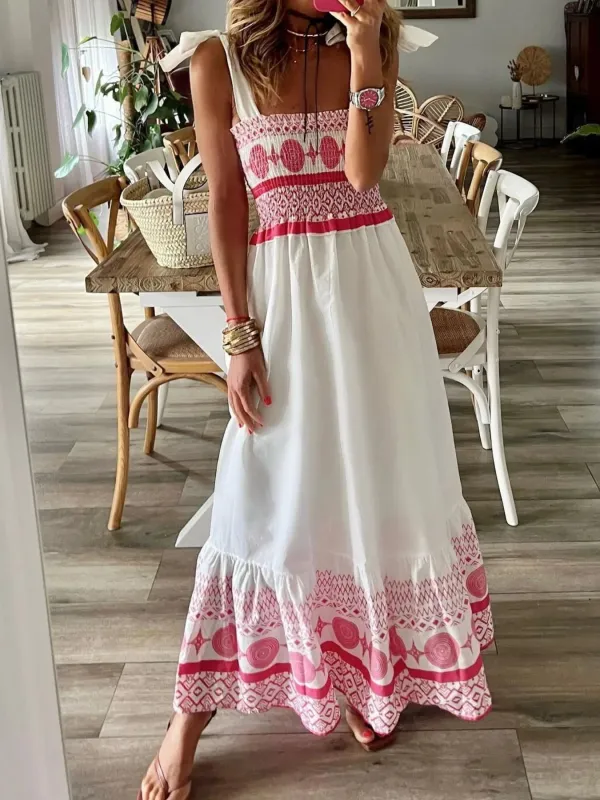 Smocked Printed Tie Shoulder Maxi Dress sold by Charming Charlie