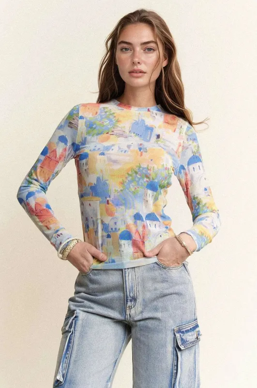Davi & Dani Multi Printed Mesh Round Neck Long Sleeve Top sold by Charming Charlie