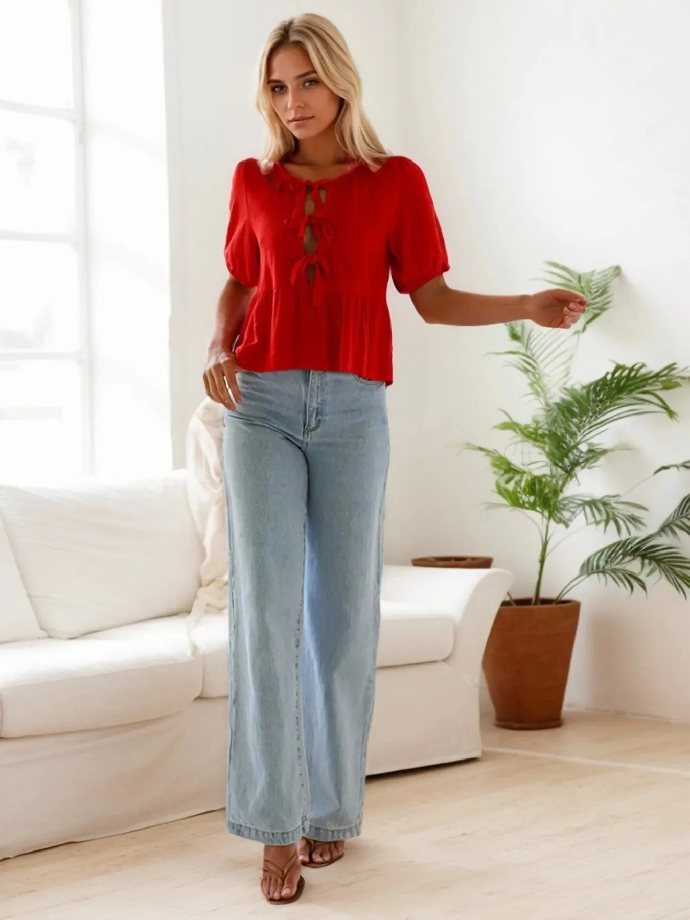 Tie-Front Short Sleeve Blouse sold by Charming Charlie product image thumbnail 4