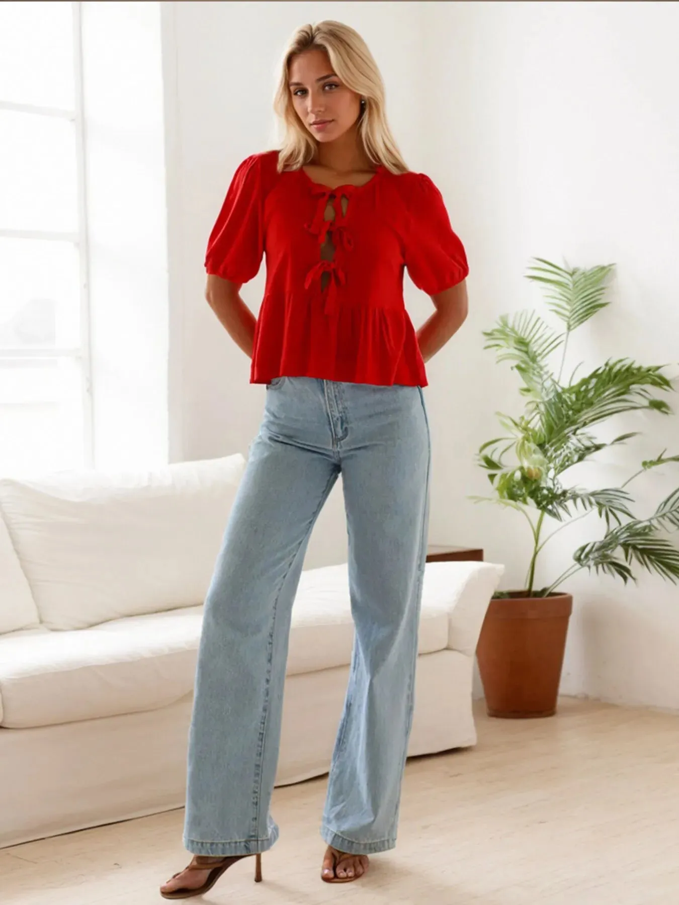 Tie-Front Short Sleeve Blouse sold by Charming Charlie product image thumbnail 5