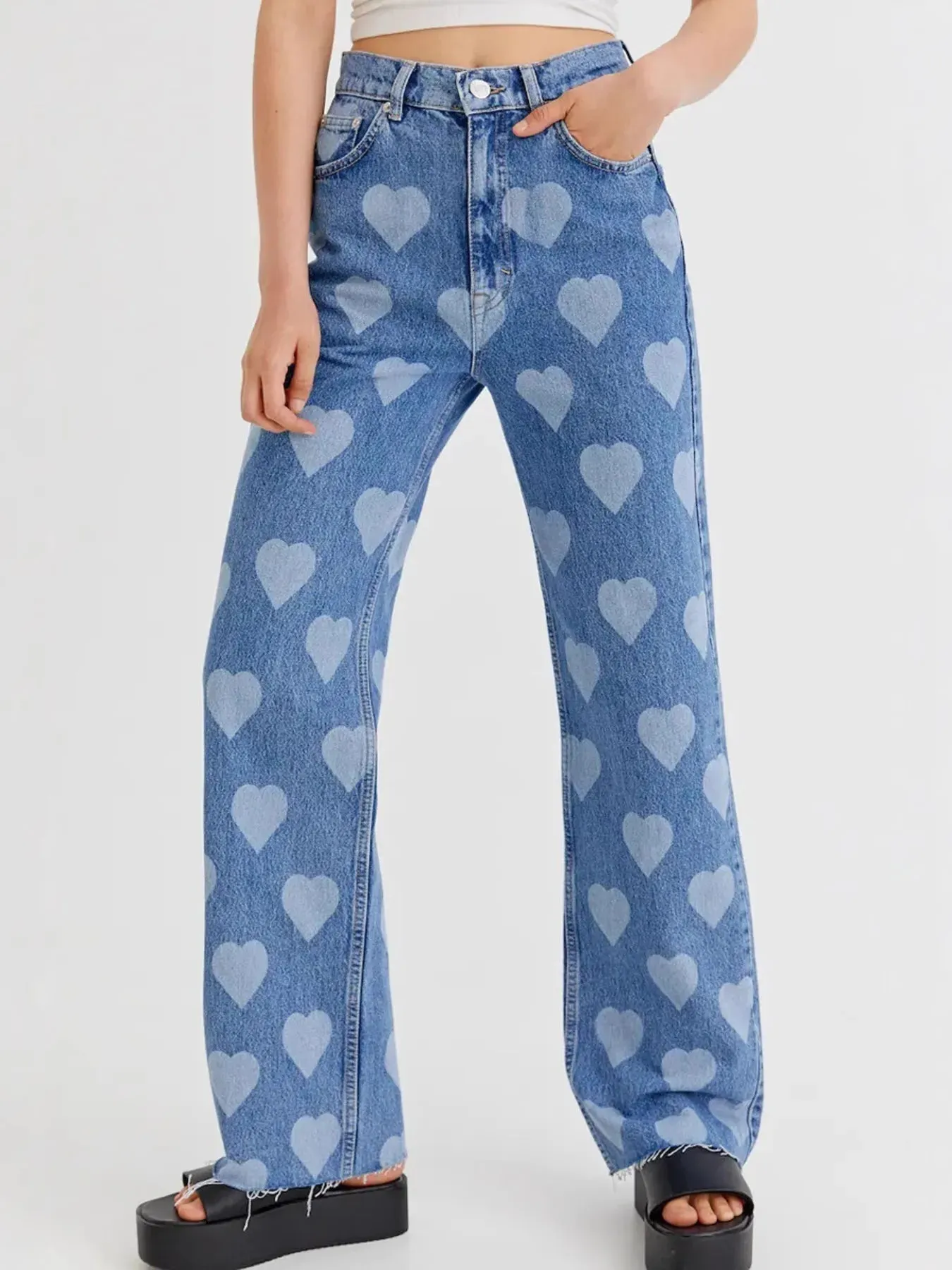 Heart Pattern High-Waist Wide Leg Jeans sold by Charming Charlie