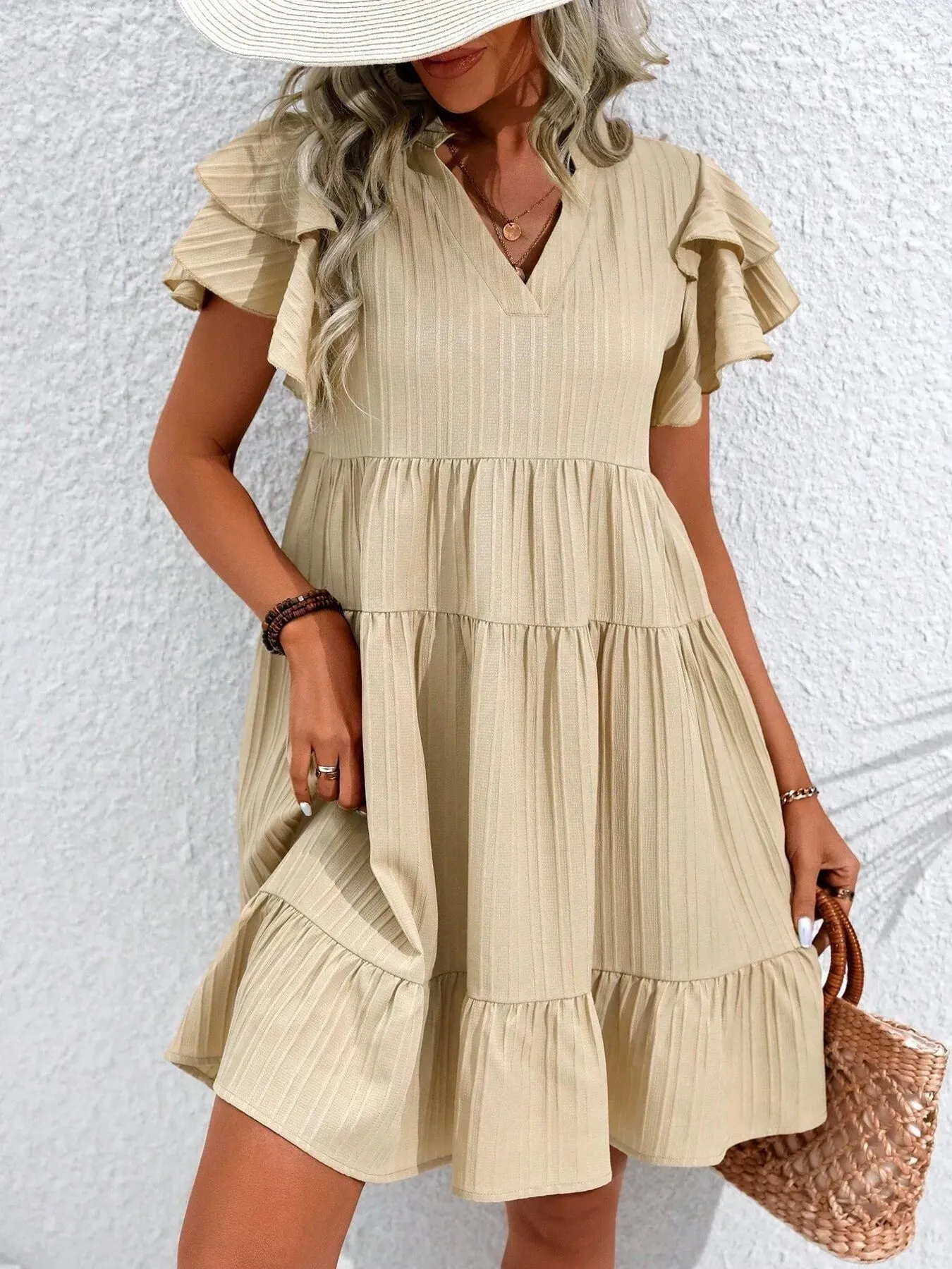 Ruffle Notched Tiered Mini Dress sold by Charming Charlie