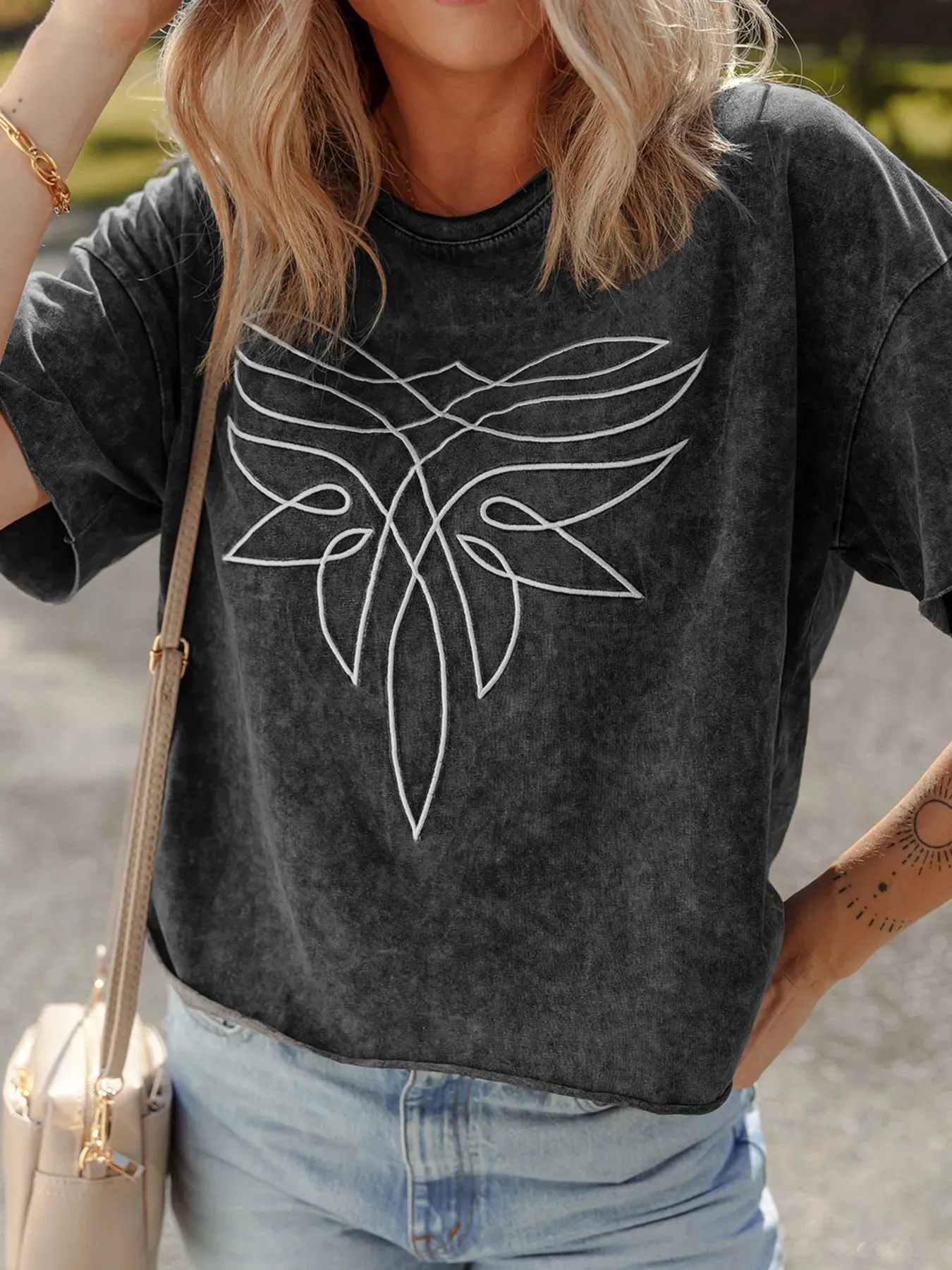 Floral Embroidered Mineral Wash Crew Neck T Shirt sold by Charming Charlie product image thumbnail 3