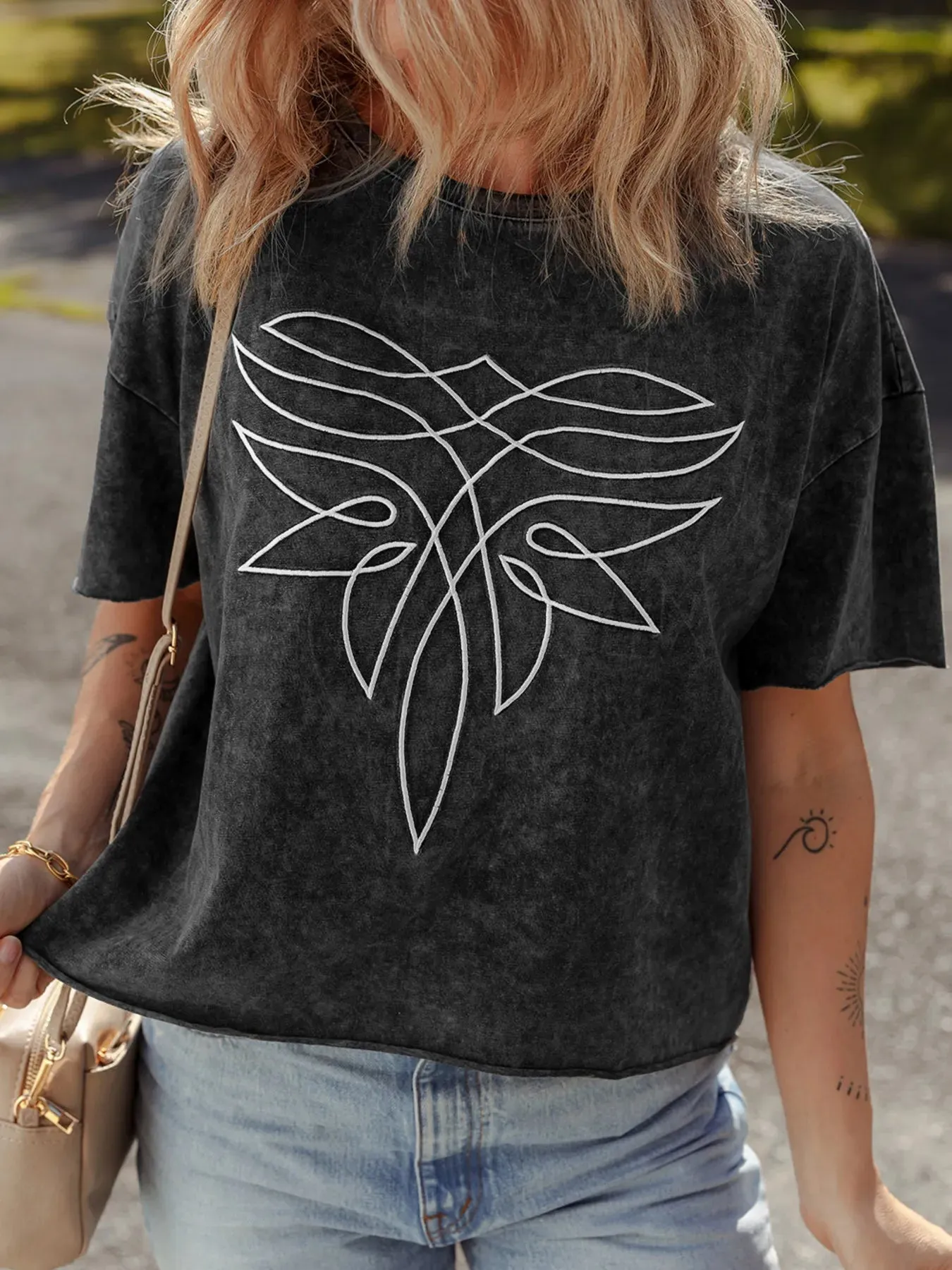 Floral Embroidered Mineral Wash Crew Neck T Shirt sold by Charming Charlie product image thumbnail 4