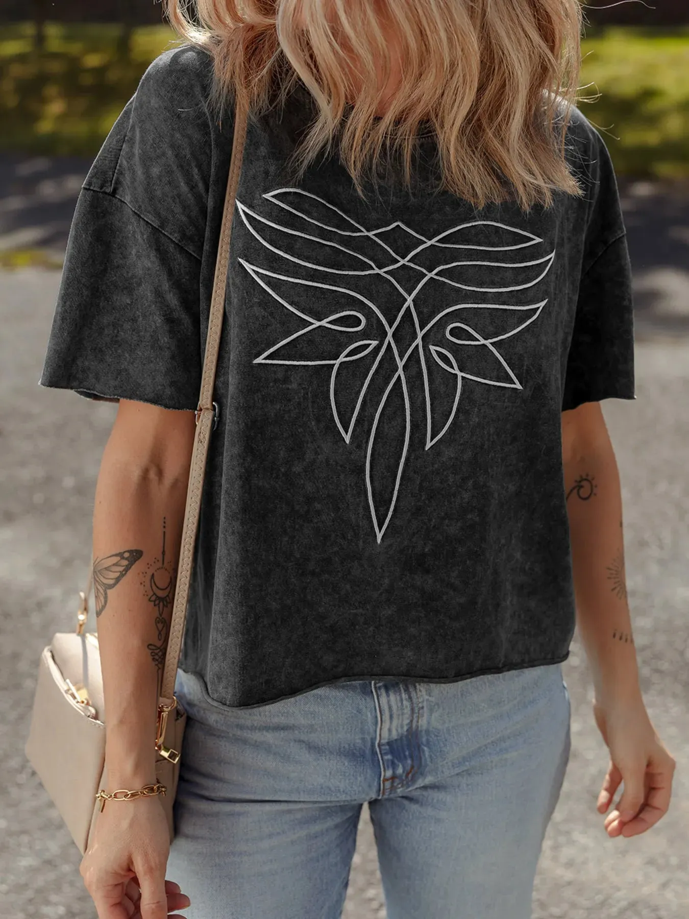 Floral Embroidered Mineral Wash Crew Neck T Shirt sold by Charming Charlie product image thumbnail 5