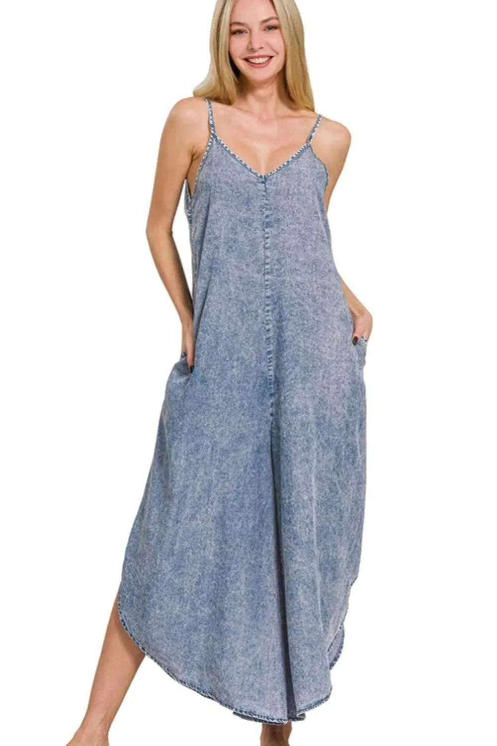 Zenana Lyocell Acid-Washed Jumpsuit sold by Charming Charlie