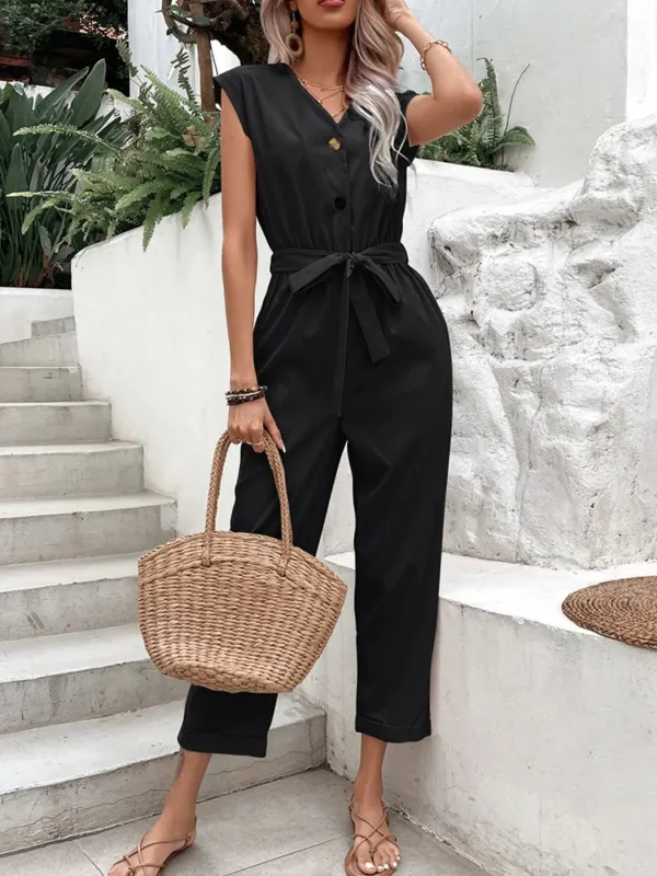 Button-Front Tie Waist Jumpsuit sold by Charming Charlie