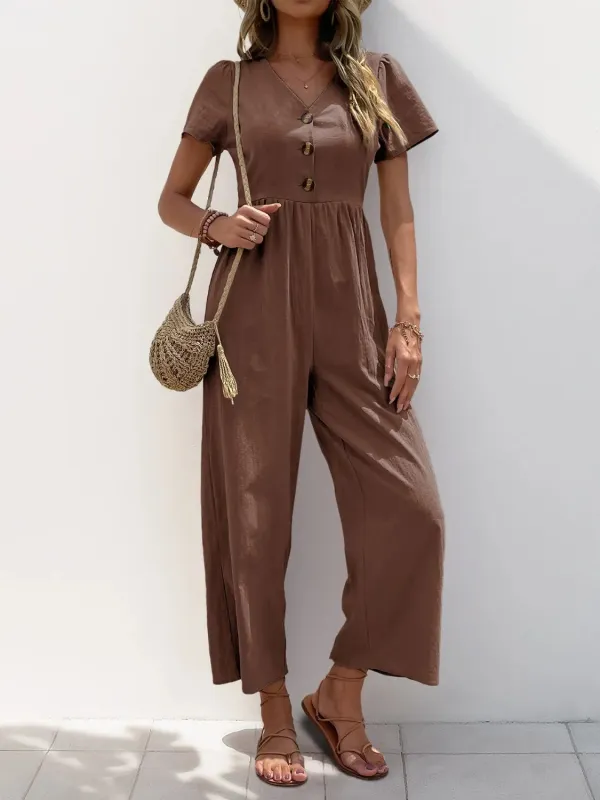 V-Neck Short Sleeve Wide Leg Jumpsuit sold by Charming Charlie