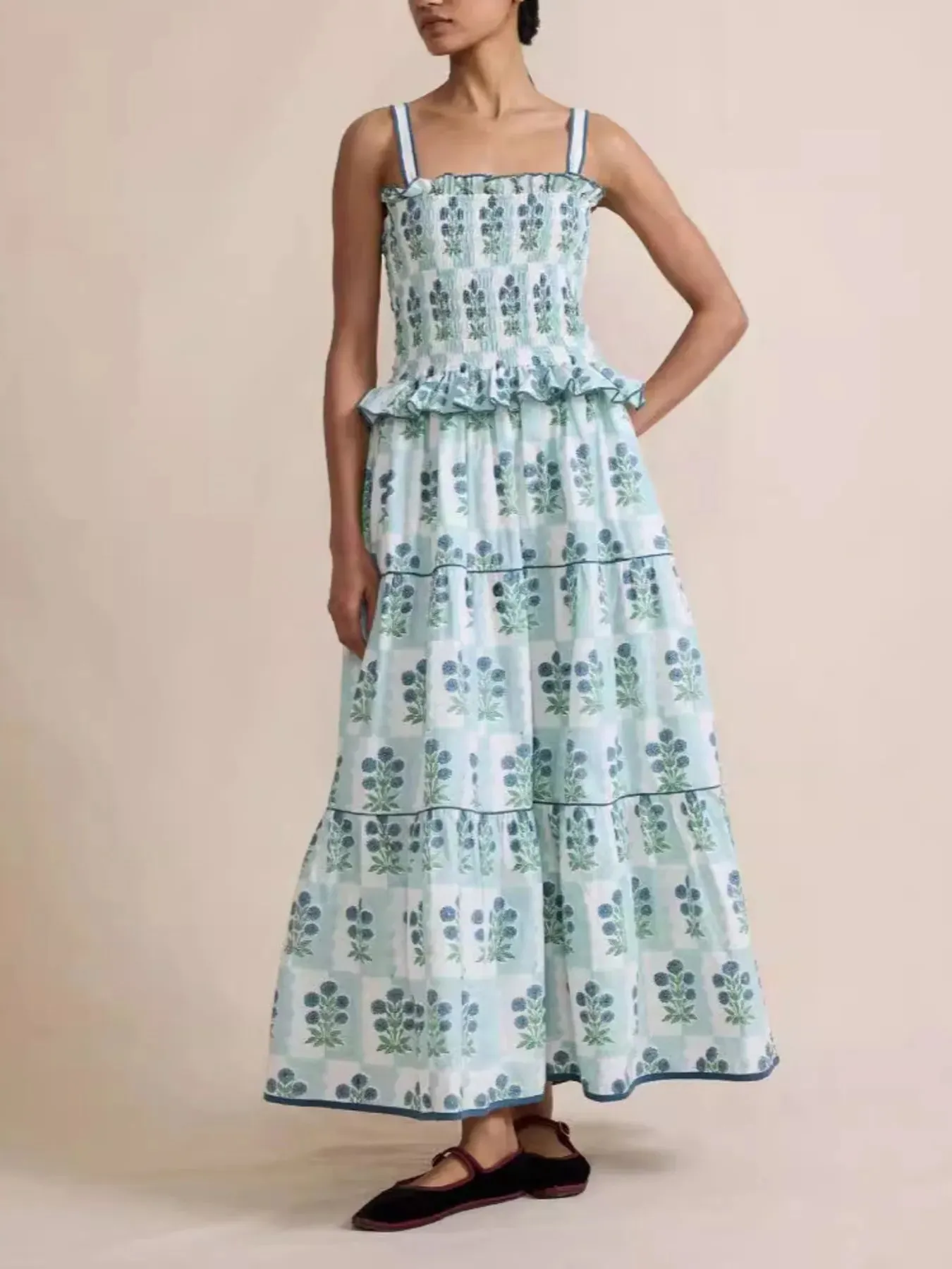 Bohemian Floral Print Smocked Tiered Maxi Dress sold by Charming Charlie product image thumbnail 5