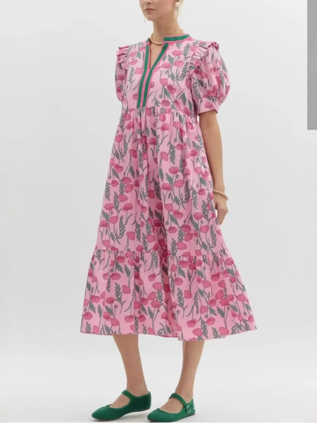 Floral Puff Sleeve Midi Dress with Contrast Trim sold by Charming Charlie product image thumbnail 2
