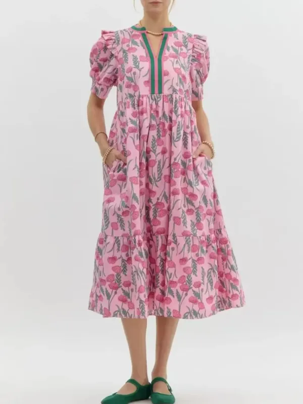 Floral Puff Sleeve Midi Dress with Contrast Trim sold by Charming Charlie
