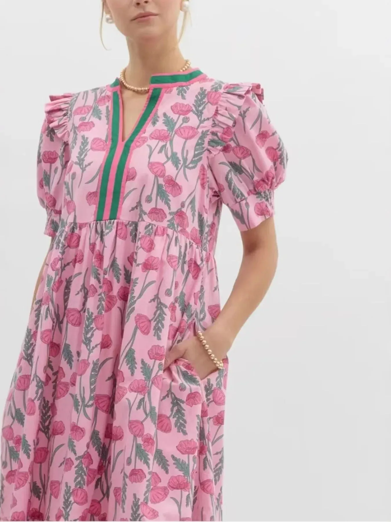 Floral Puff Sleeve Midi Dress with Contrast Trim sold by Charming Charlie product image thumbnail 4