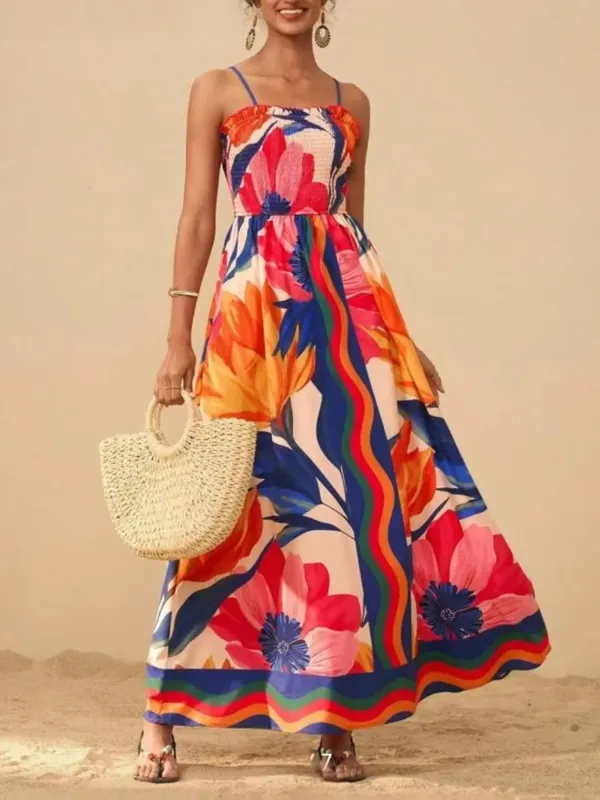 Smocked Printed Spaghetti Strap Maxi Summer Dress sold by Charming Charlie
