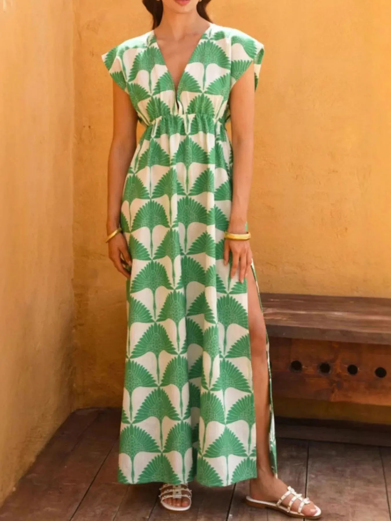 Slit Printed V-Neck Cap Sleeve Maxi Dress sold by Charming Charlie