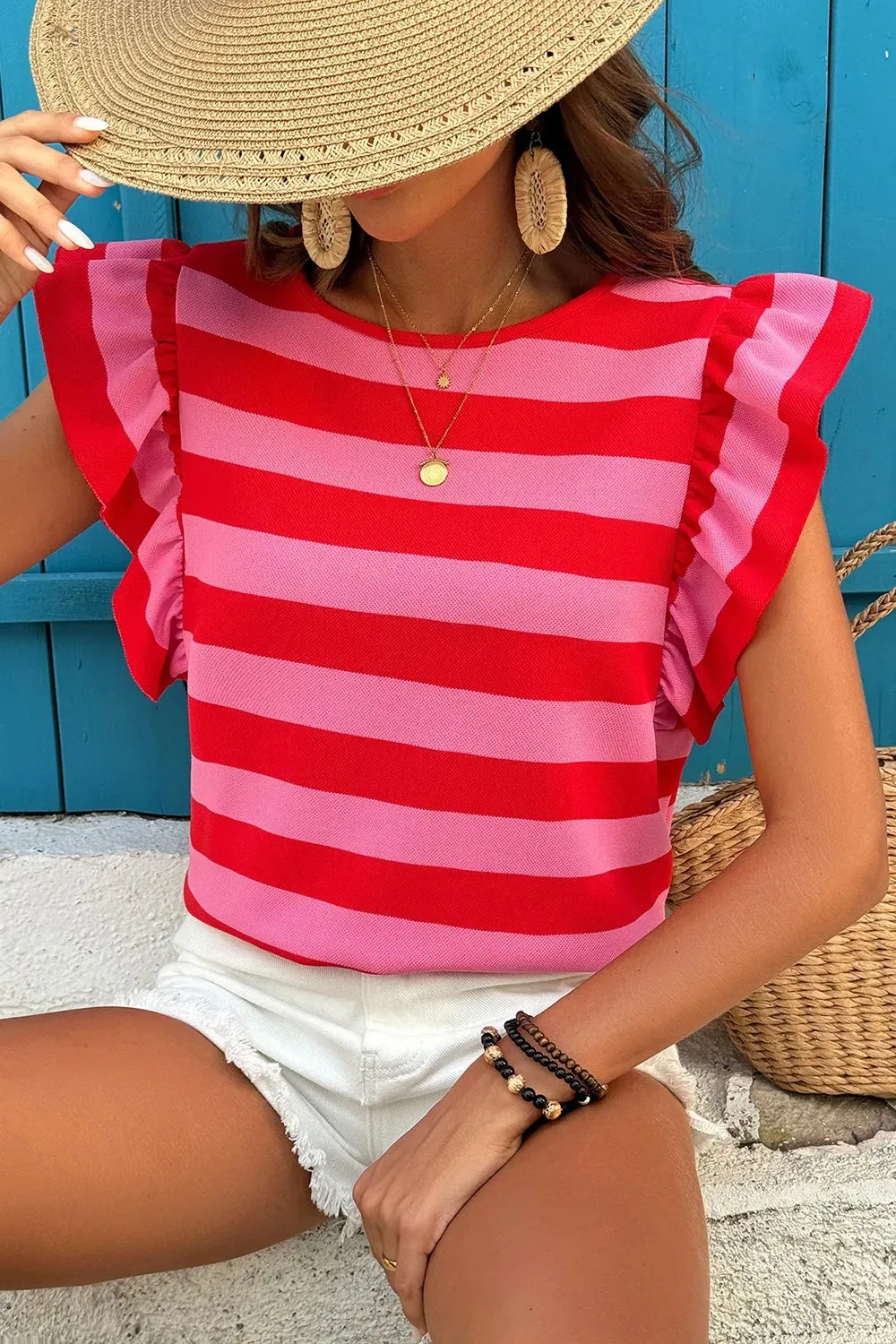 Striped Ruffle Sleeve Summer T-Shirt sold by Charming Charlie