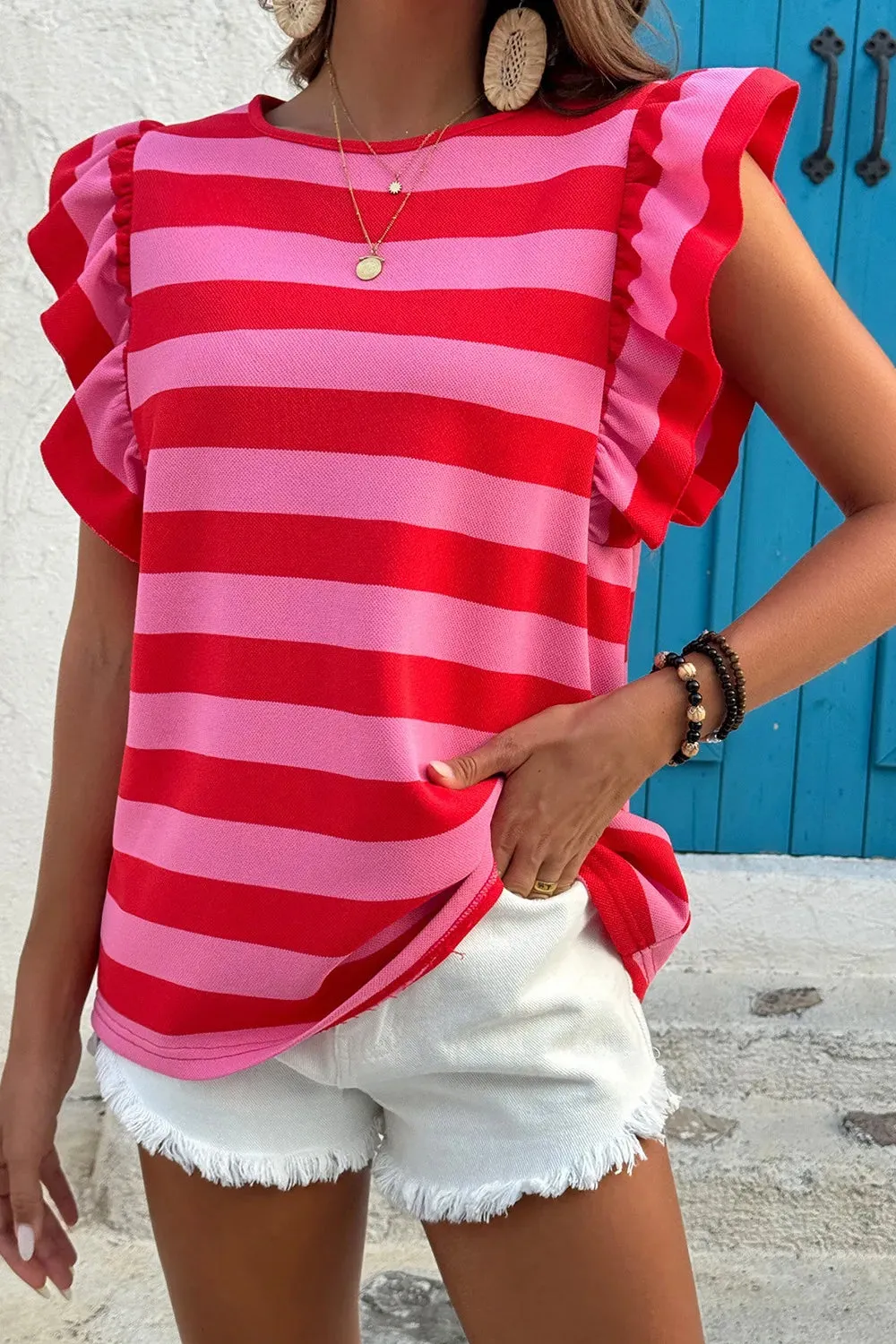 Striped Ruffle Sleeve Summer T-Shirt sold by Charming Charlie product image thumbnail 4
