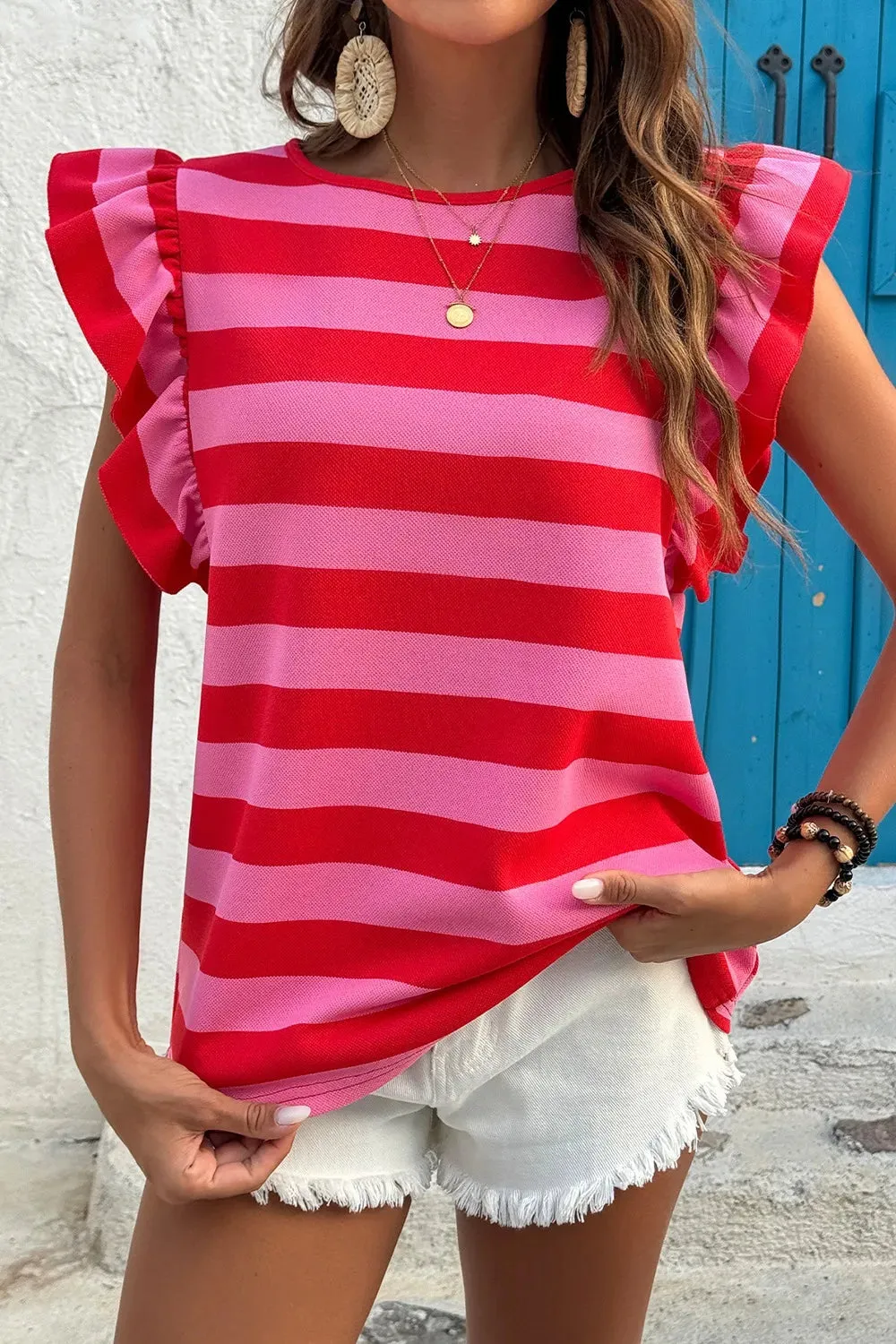 Striped Ruffle Sleeve Summer T-Shirt sold by Charming Charlie product image thumbnail 5