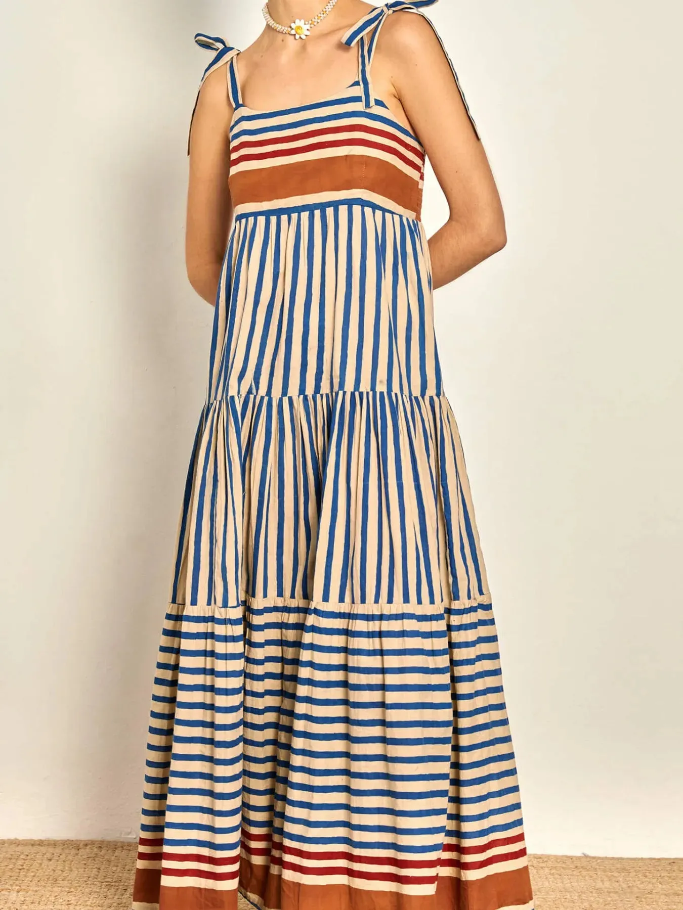 Striped Tie-Shoulder Tiered Maxi Dress sold by Charming Charlie
