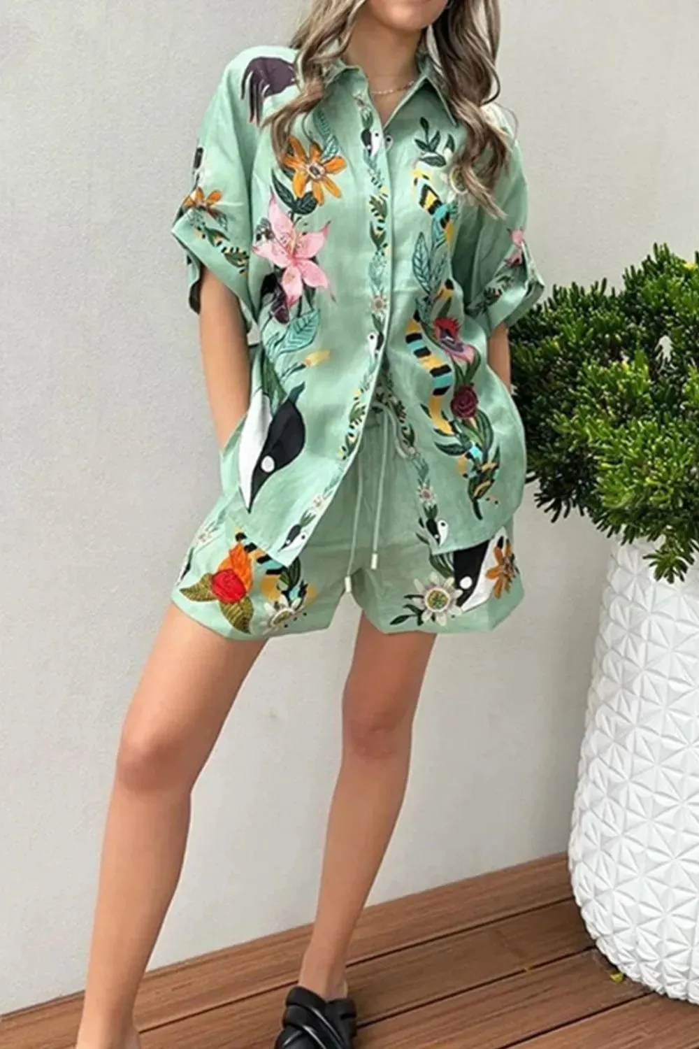 Tropical Paradise Floral Print Shirt and Shorts Set sold by Charming Charlie product image thumbnail 4