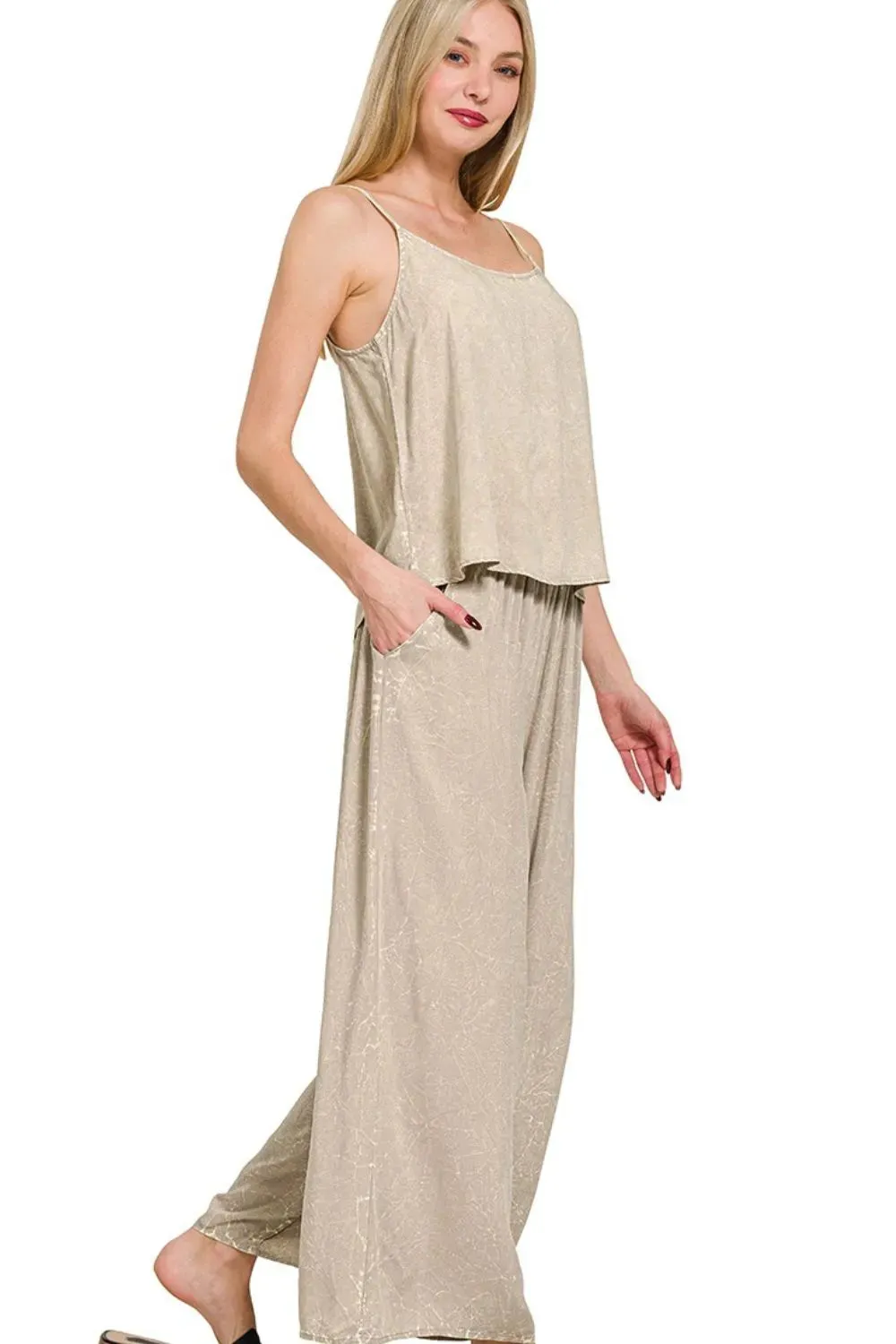 Zenana Woven Acid Crinkle Washed Cami & Pants 2 Piece Set sold by Charming Charlie product image thumbnail 2