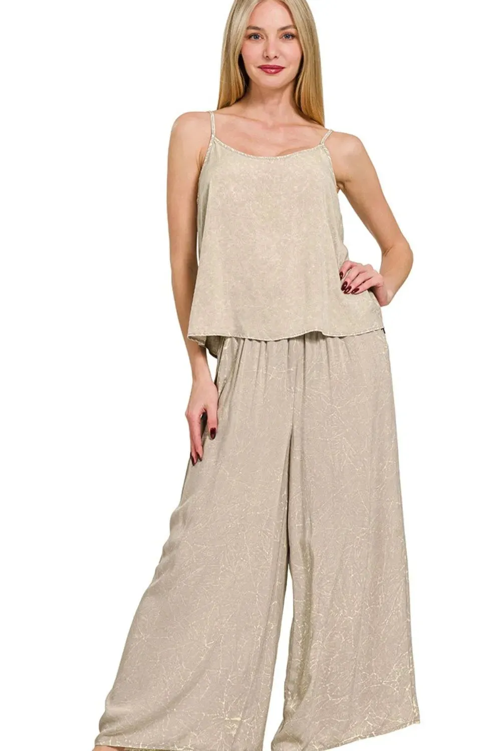 Zenana Woven Acid Crinkle Washed Cami & Pants 2 Piece Set sold by Charming Charlie