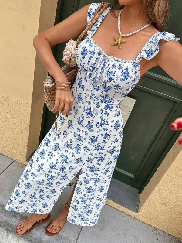 Floral Print Smocked Midi Dress with Front Slit sold by Charming Charlie