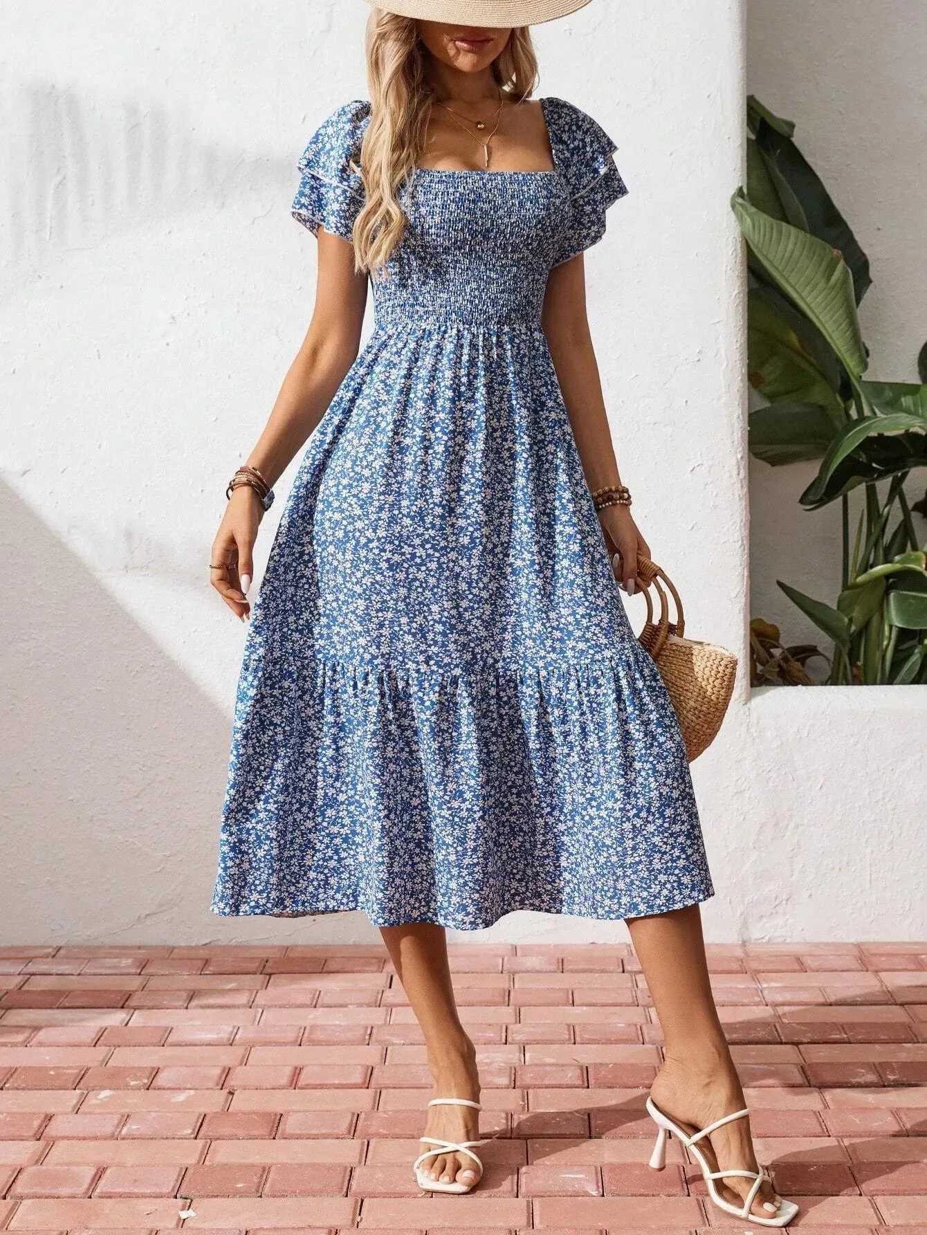 Floral Smocked Square Neck Midi Dress sold by Charming Charlie product image thumbnail 5