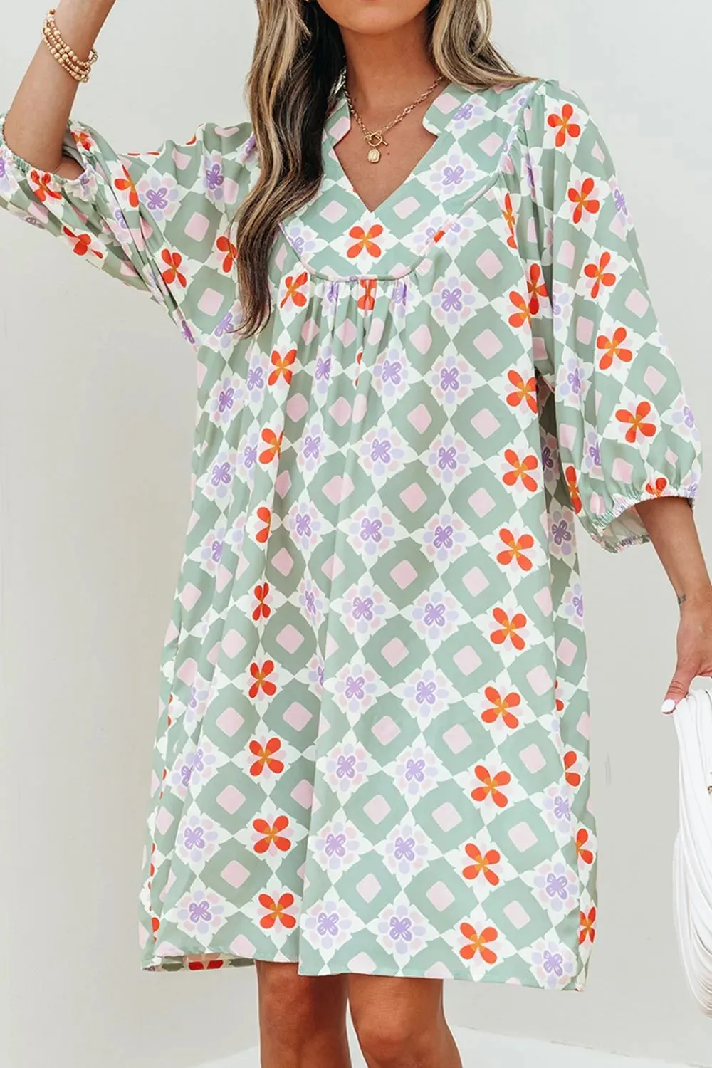 Printed Notched 3/4 Balloon Sleeves Loose Dress sold by Charming Charlie product image thumbnail 3