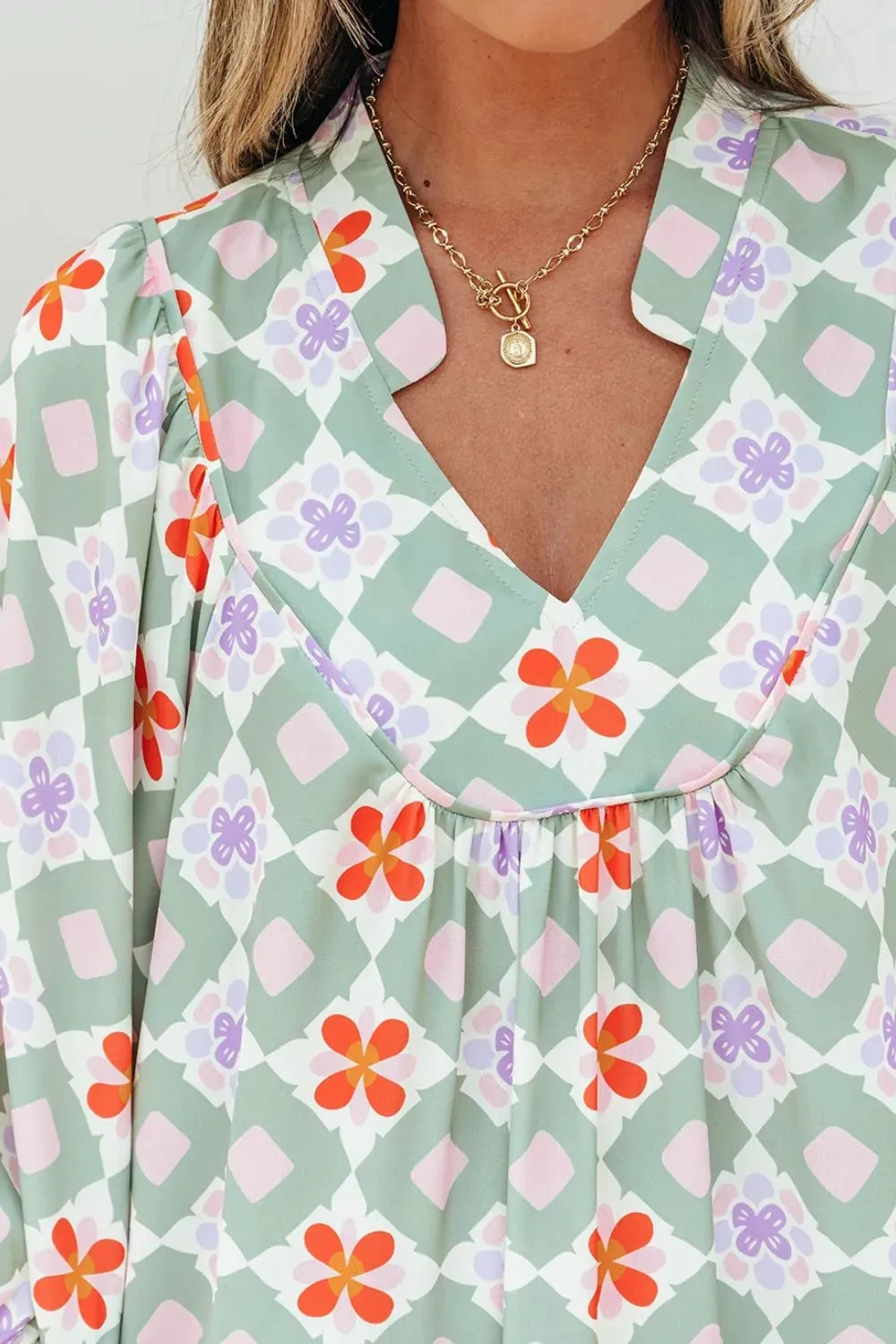 Printed Notched 3/4 Balloon Sleeves Loose Dress sold by Charming Charlie product image thumbnail 5