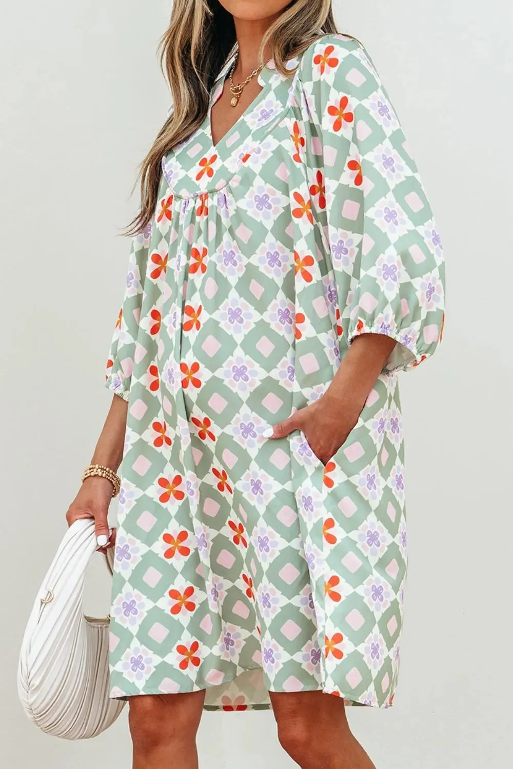 Printed Notched 3/4 Balloon Sleeves Loose Dress sold by Charming Charlie