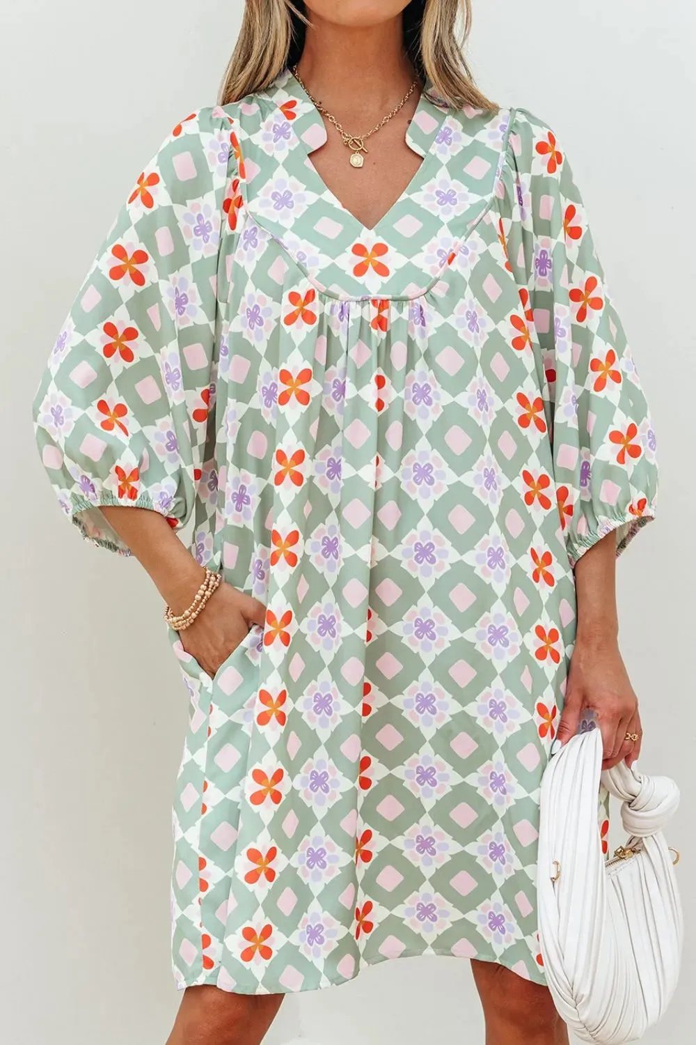 Printed Notched 3/4 Balloon Sleeves Loose Dress sold by Charming Charlie product image thumbnail 4