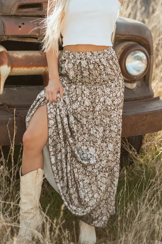 Floral Print Tiered Maxi Skirt sold by Charming Charlie