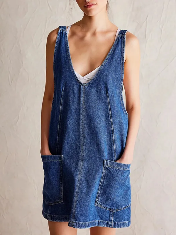 Oversized V-Neck Denim Tank Dress with Front Pockets sold by Charming Charlie