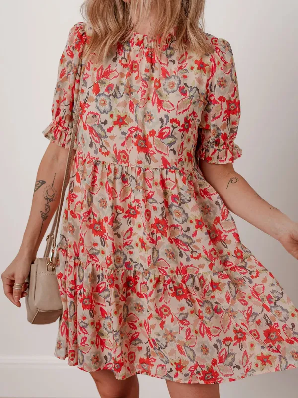 Floral Print Frilled Neck Puff Sleeve High Waist Dress sold by Charming Charlie