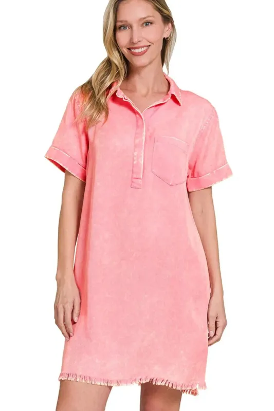 Zenana Tencel Mineral Washed Collared Shirts Dress sold by Charming Charlie