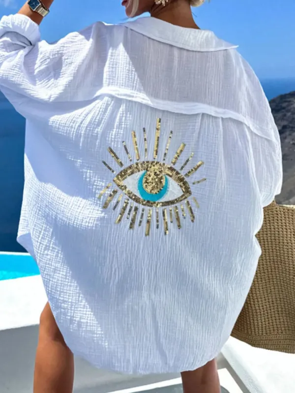 Evil Eye Embroidered Oversized Shirt sold by Charming Charlie