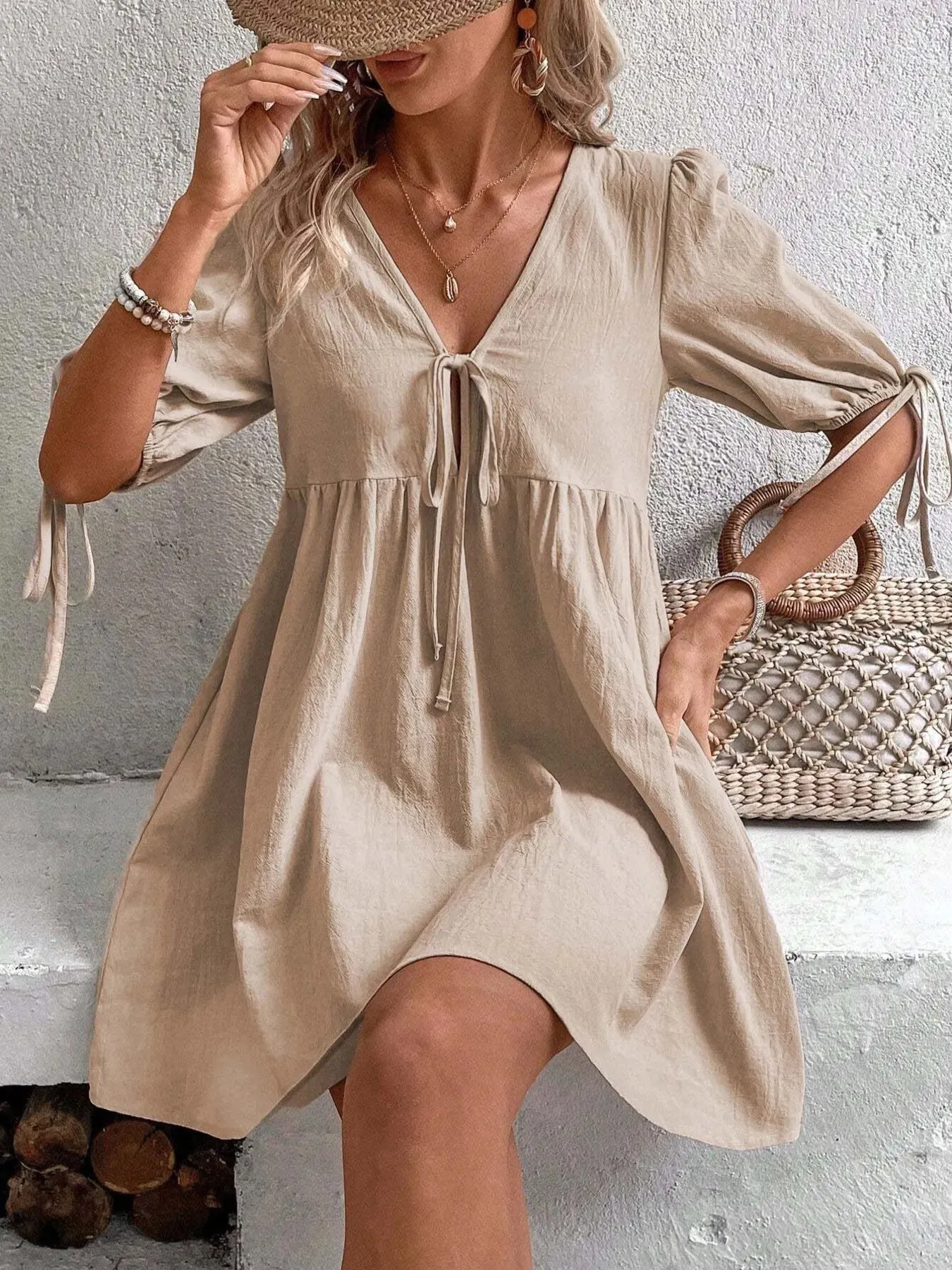 V-Neck Tie-Front Mini Dress with Puff Sleeves sold by Charming Charlie product image thumbnail 2