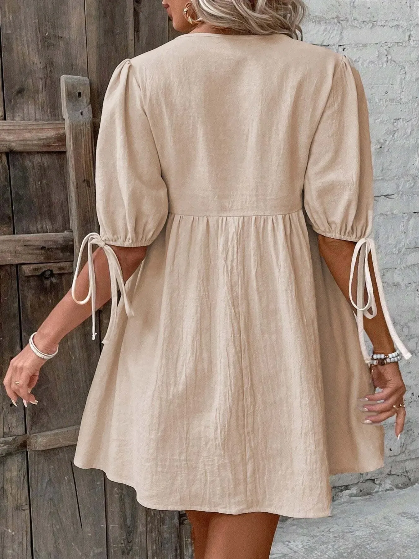 V-Neck Tie-Front Mini Dress with Puff Sleeves sold by Charming Charlie product image thumbnail 4