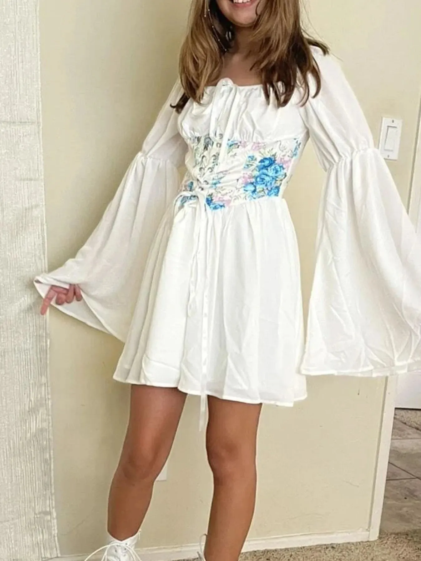 Floral Lace Up Long Sleeve Mini Dress sold by Charming Charlie product image thumbnail 5