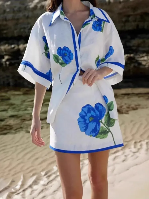 Floral Print Button-Up Shirt and Mini Skirt Set sold by Charming Charlie