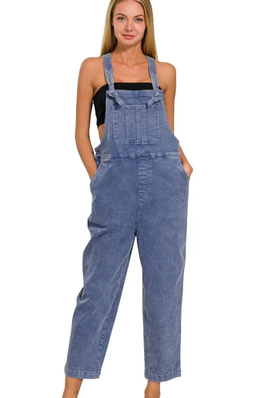 Zenana Washed Knot Strap Relaxed Fit Overalls sold by Charming Charlie