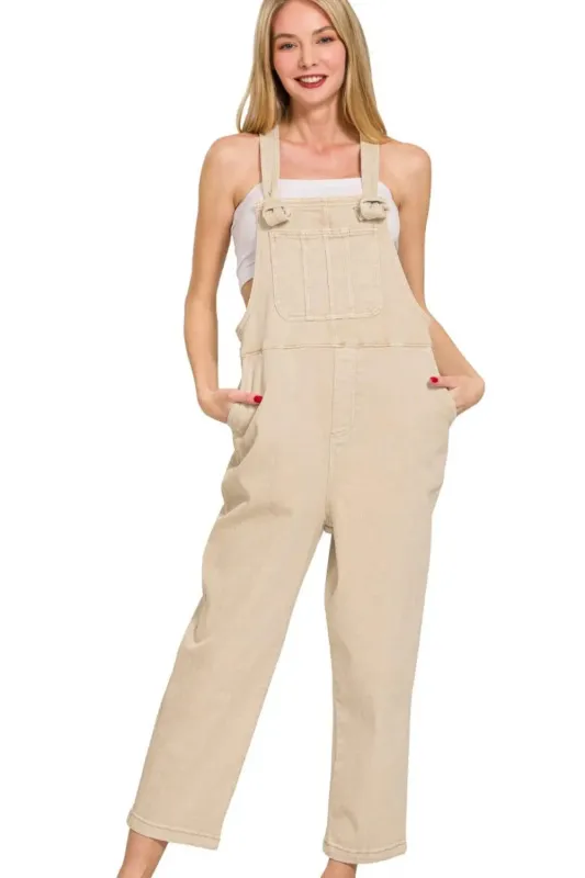 Zenana Washed Knot Strap Relaxed Fit Overalls sold by Charming Charlie