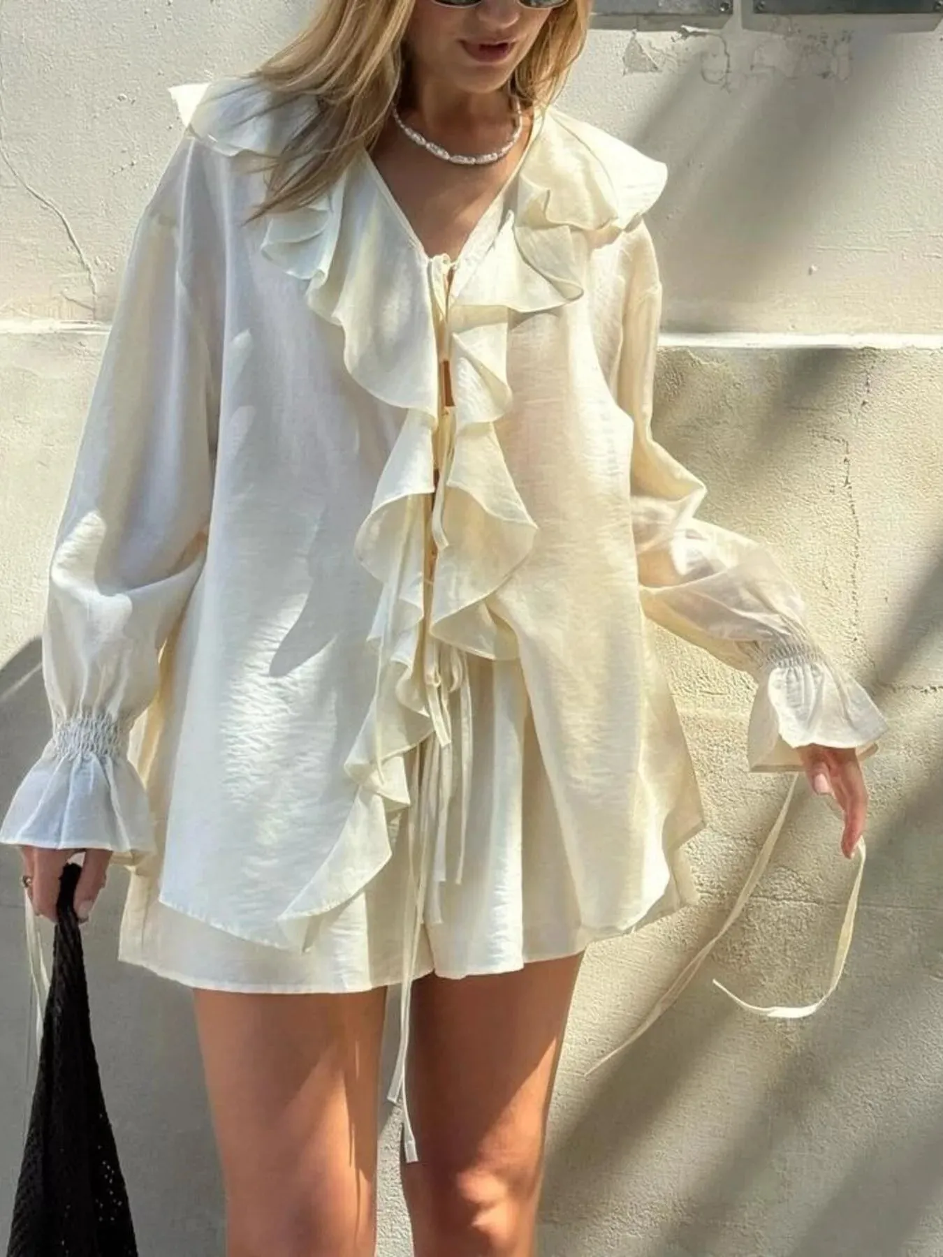 Ruffled Long Sleeve Shirt and Shorts Set sold by Charming Charlie