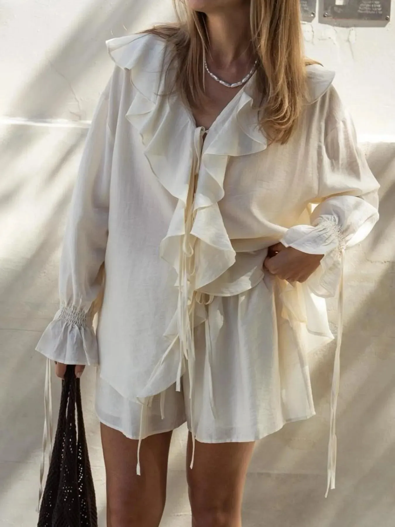 Ruffled Long Sleeve Shirt and Shorts Set sold by Charming Charlie product image thumbnail 5