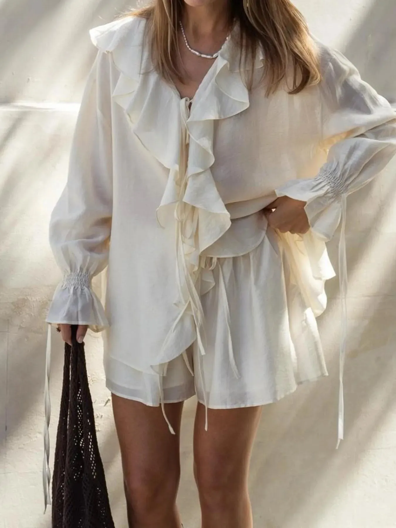 Ruffled Long Sleeve Shirt and Shorts Set sold by Charming Charlie product image thumbnail 4