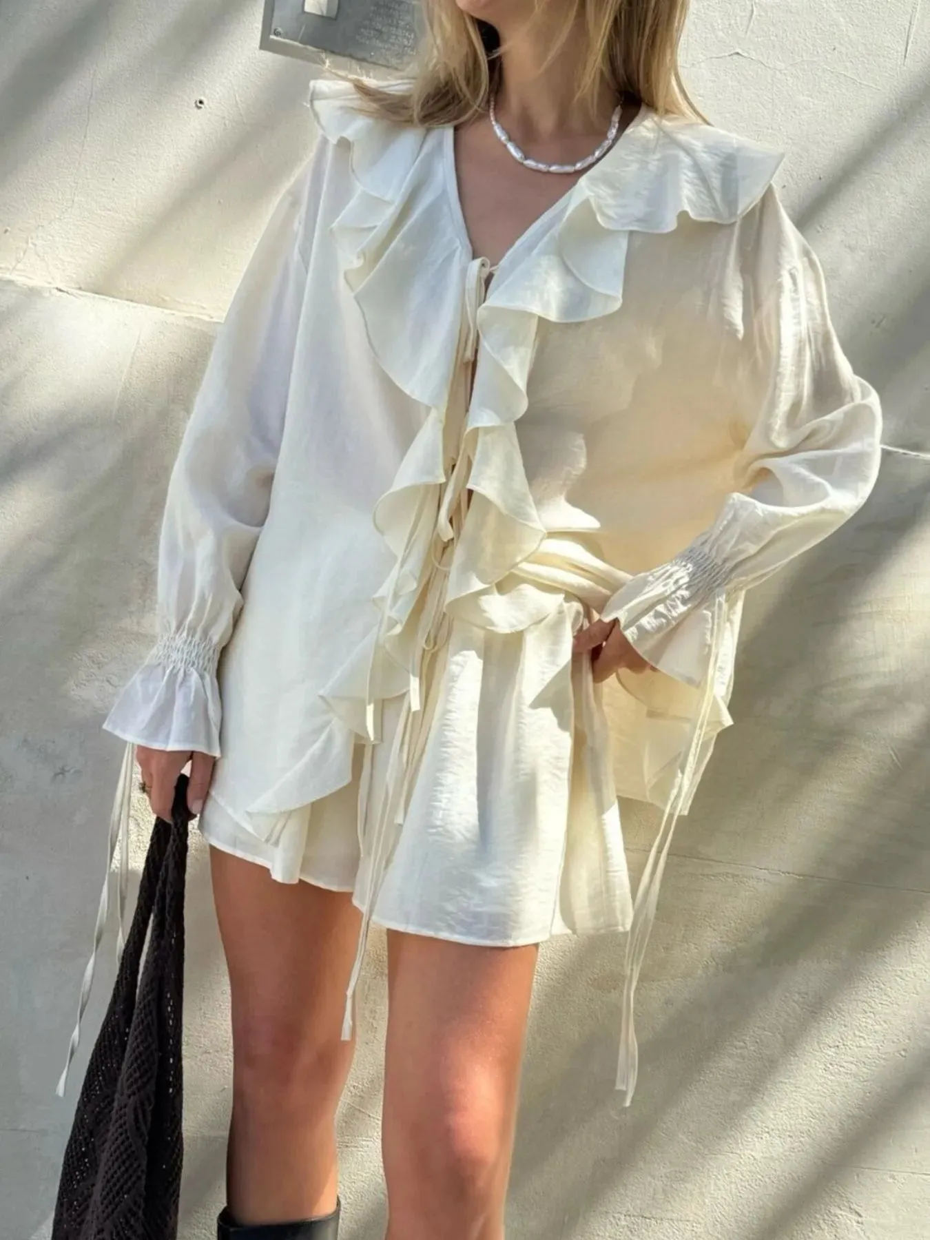 Ruffled Long Sleeve Shirt and Shorts Set sold by Charming Charlie product image thumbnail 2