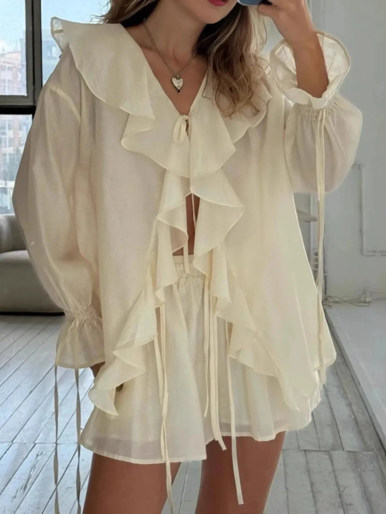 Ruffled Long Sleeve Shirt and Shorts Set sold by Charming Charlie product image thumbnail 3