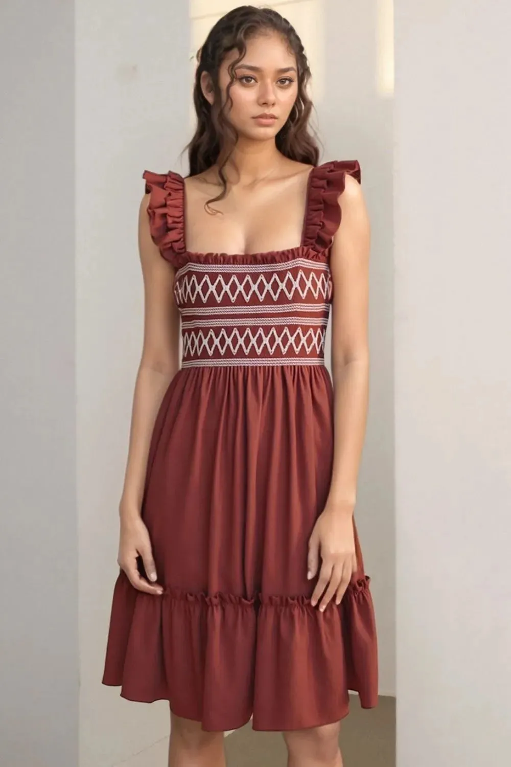 Ruffled Smocked Cap Sleeve Mini Dress sold by Charming Charlie