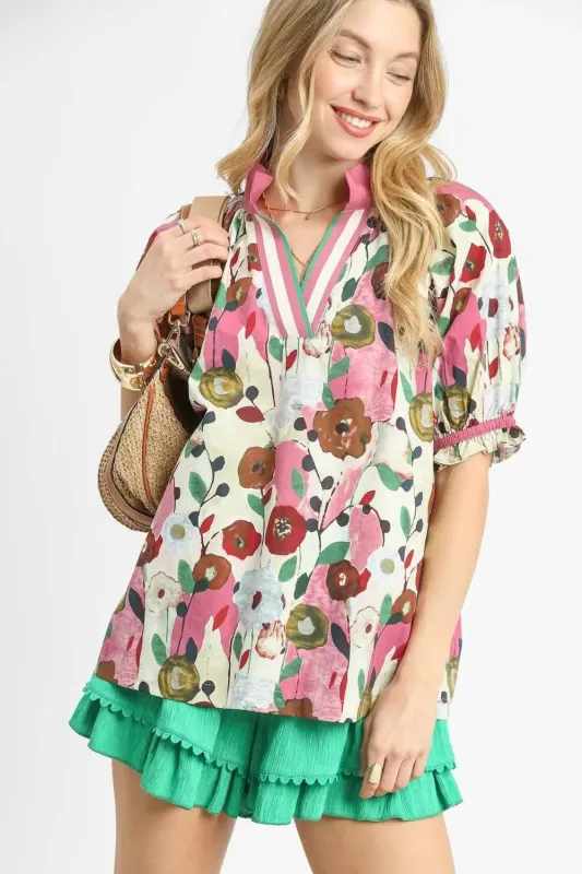 Umgee Floral Print Puff Sleeve Oversized Blouse sold by Charming Charlie