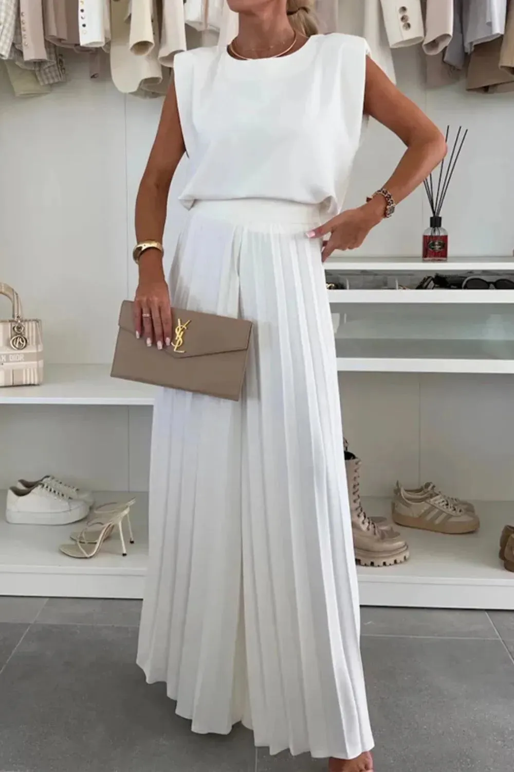 Round Neck Top and Pleated Pants Set sold by Charming Charlie